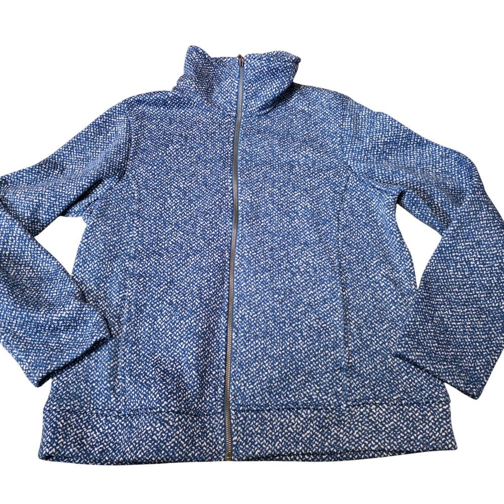 Lands End Womens Medium Blue White Textured Knit Full Zip Fleece Jacket Mock